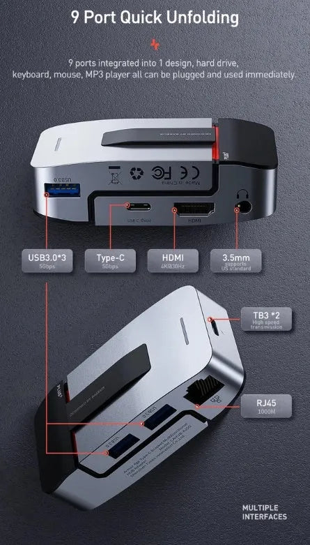 Mecha Era space grey aluminium alloy multifunctional HUB with USB3.0, HDMI, RJ45, Type-C and 3.5mm audio ports