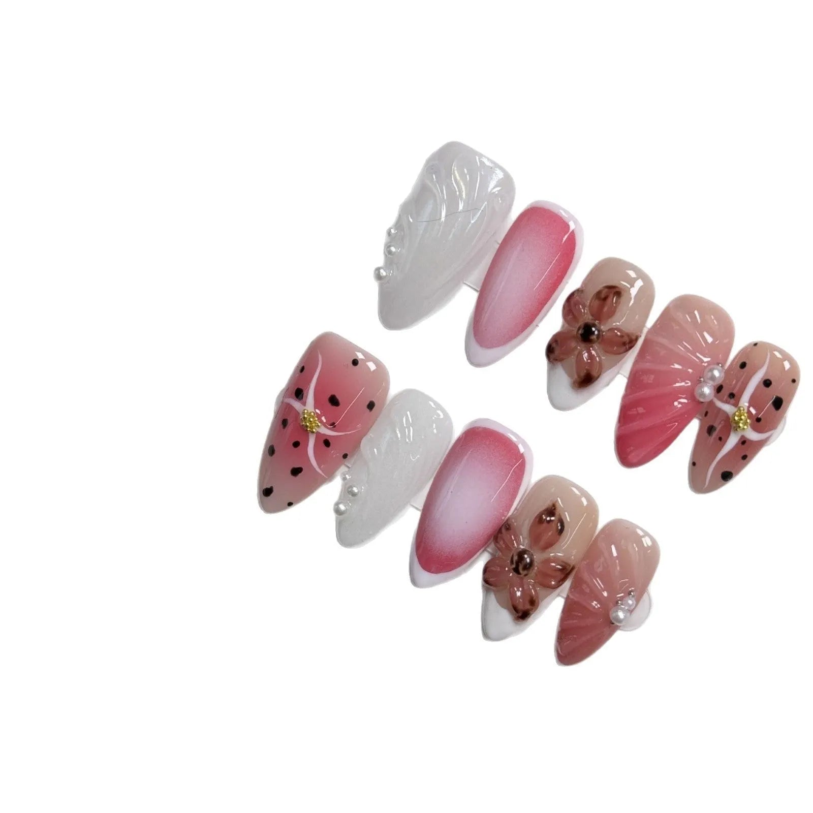 Hand-painted 3D carved nail art patches with embossed candy pattern on an Almond-shaped nail.