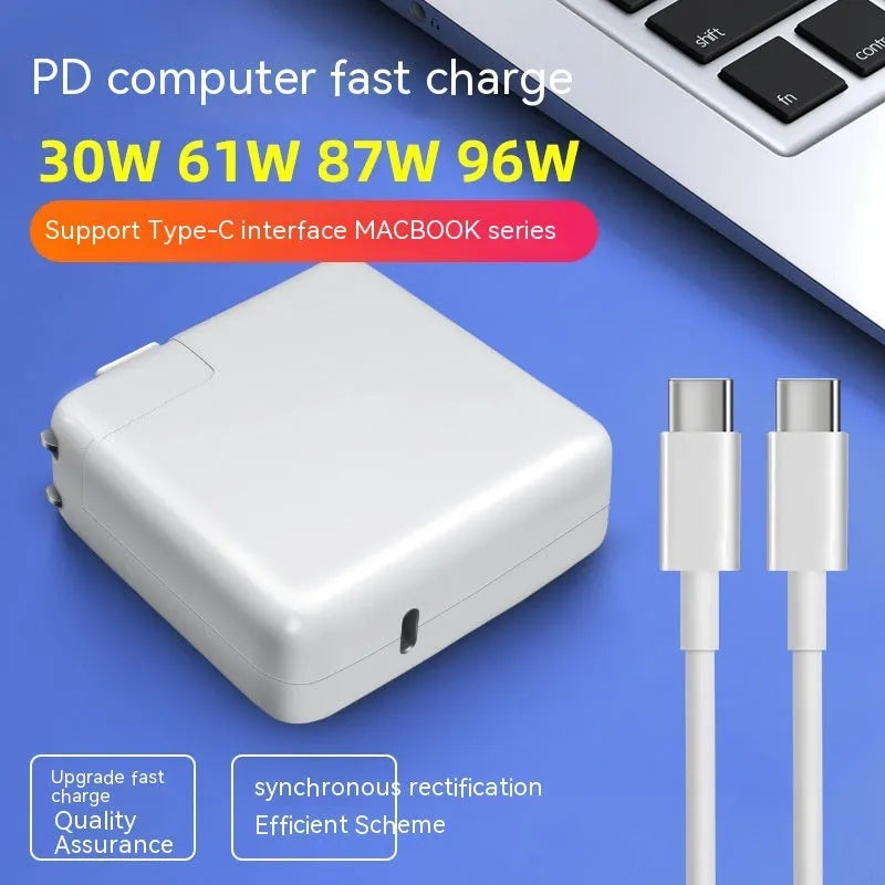 Laptop power adapter charger with USB C-to-C cable showing compact size