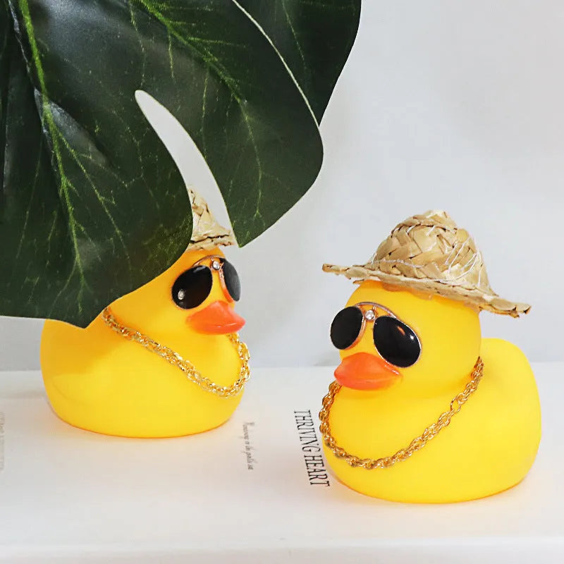 Yellow cartoon duck with straw hat car dashboard ornament with base glue and sunglasses necklace
