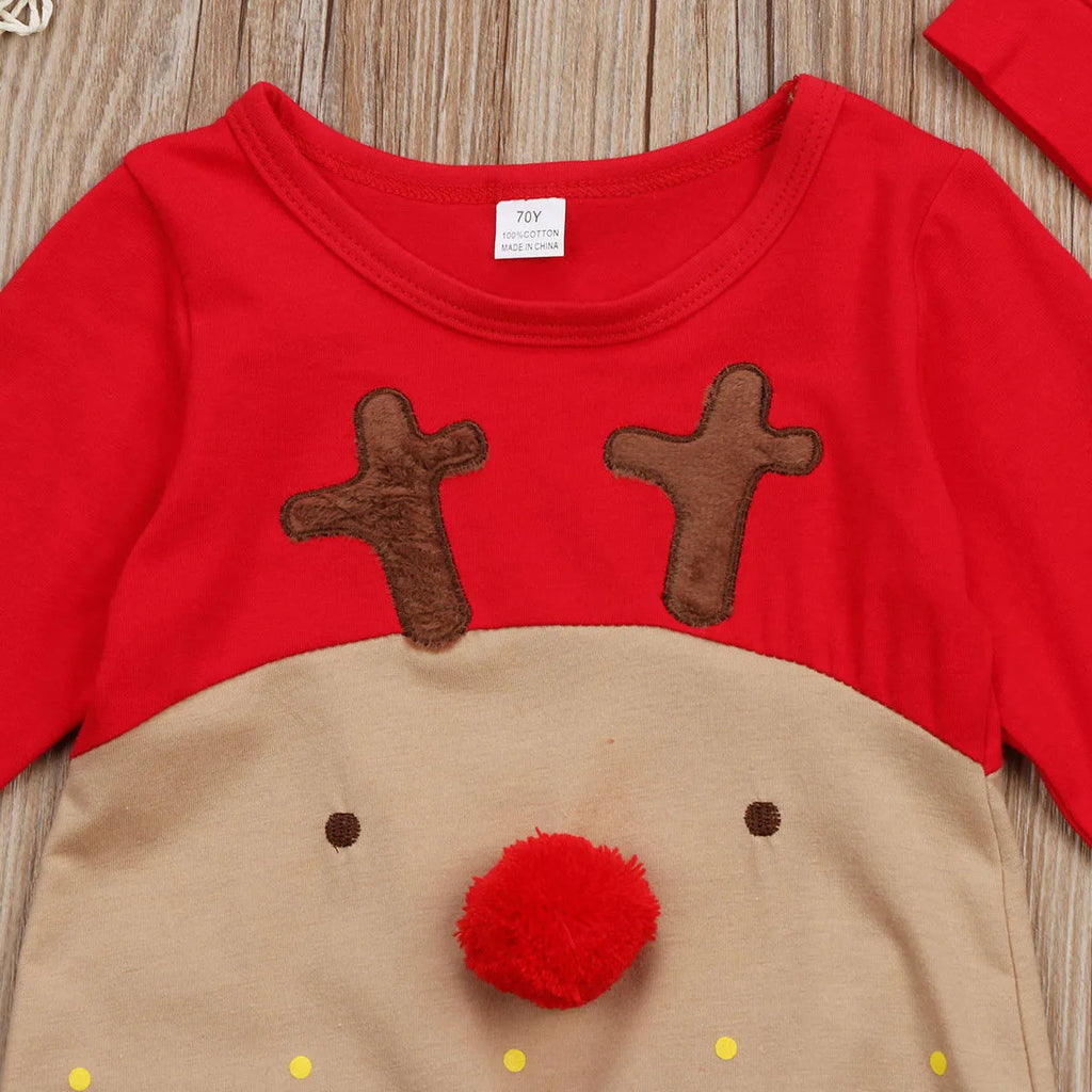 Christmas deer cotton romper for babies, long sleeve, red colour options, sizes 70cm to 100cm