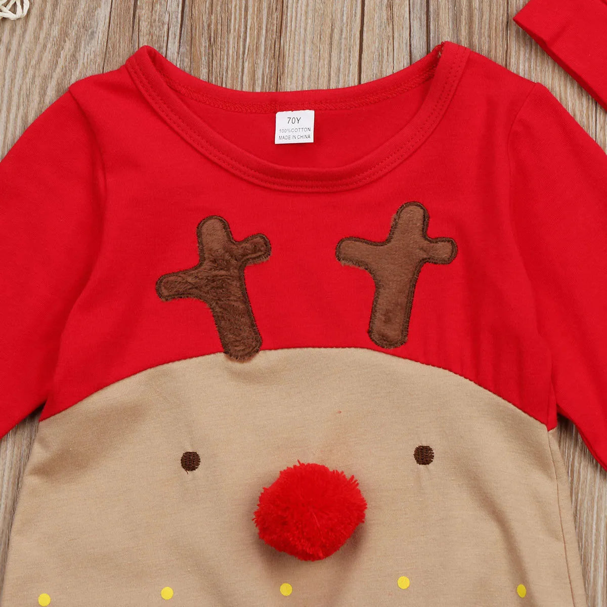 Christmas deer cotton romper for babies, long sleeve, red colour options, sizes 70cm to 100cm