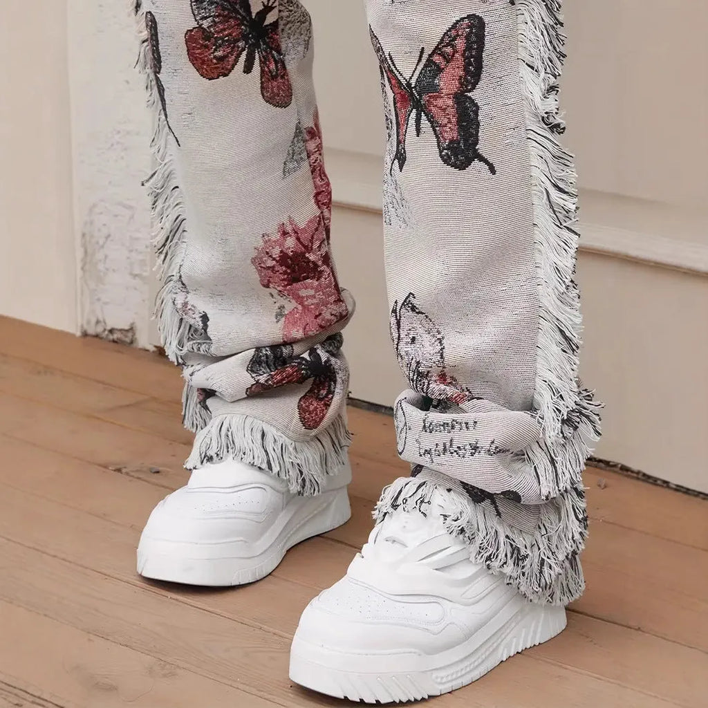 Men's slim fit animal digital print denim trousers in mid-waist casual style with zip fly