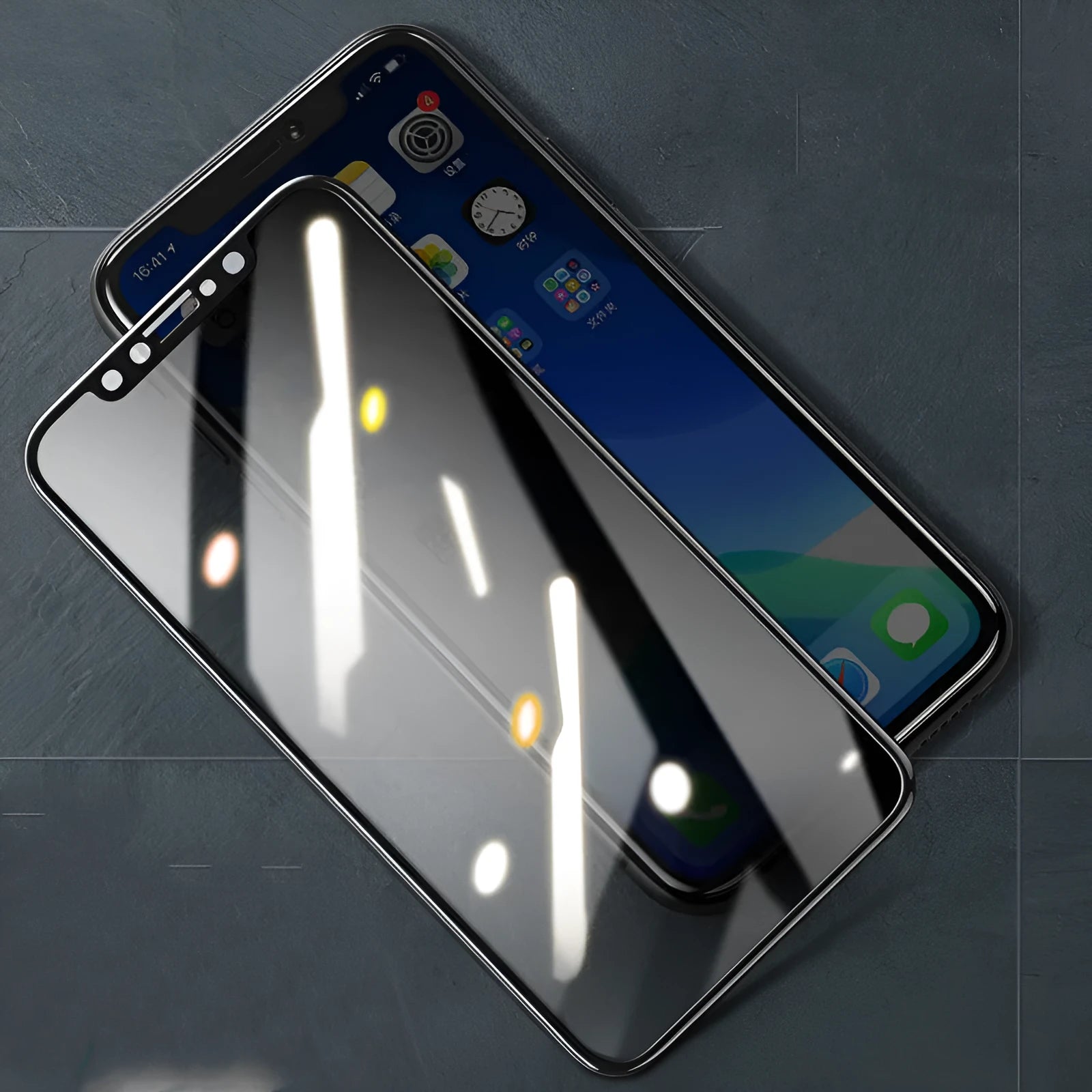Tempered glass screen protector for iPhone 11, X, XS models with anti-fingerprint coating.