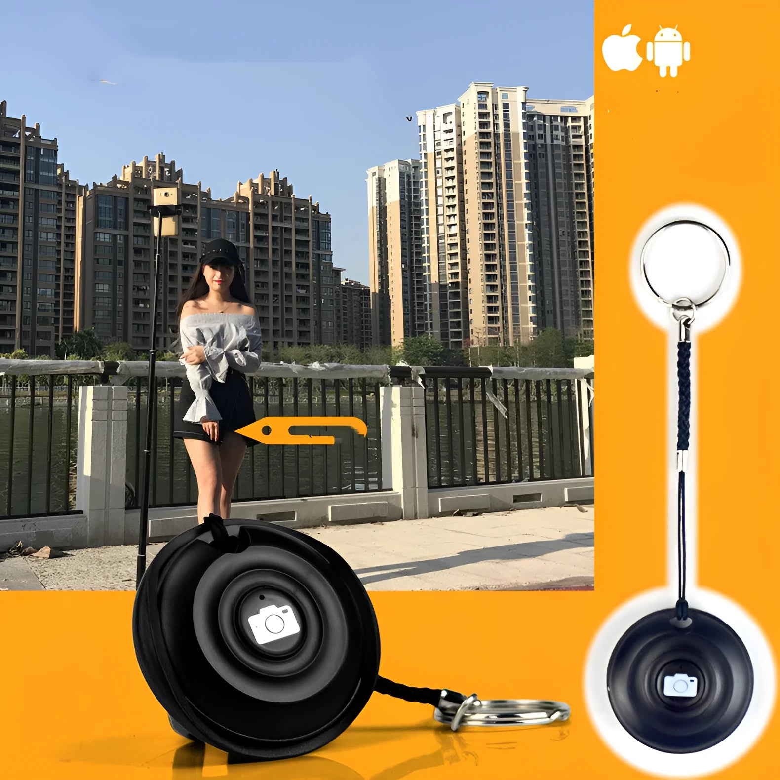 Black Snap Bluetooth remote control for wireless phone photography on a white background.