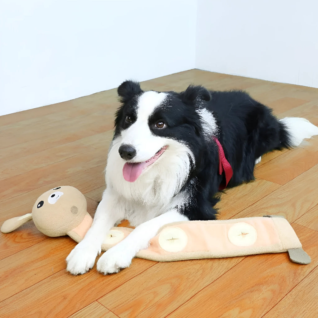Poached bunny rabbit plush dog training toy with treat dispensing and sound features