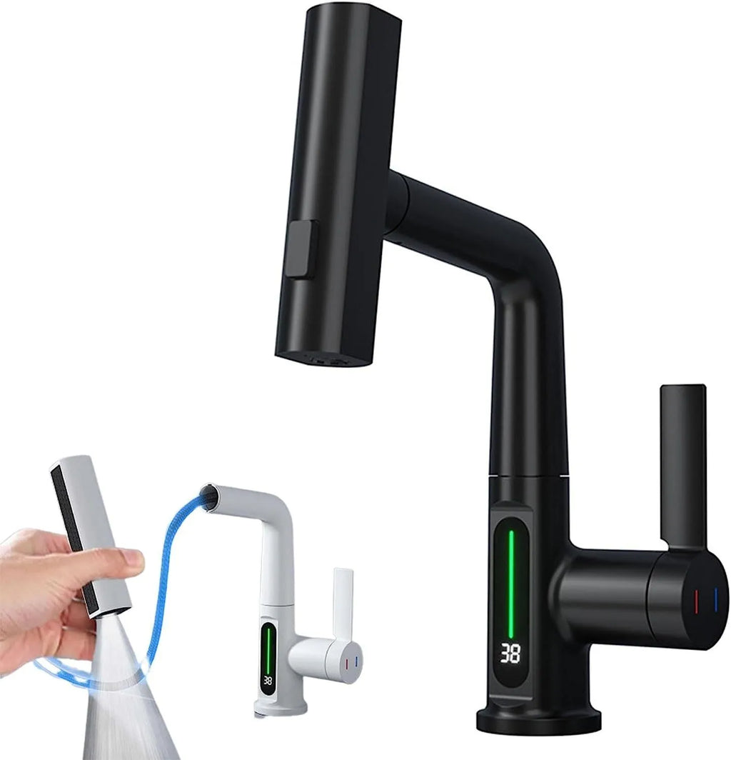 Digital display pull-out faucet showing water temperature with extendable hose
