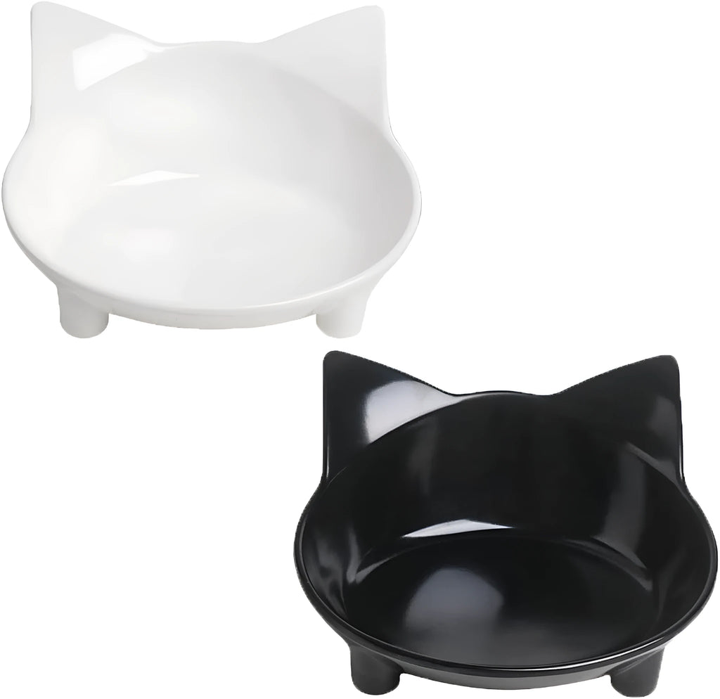 White shallow melamine cat bowl with non-slip rubber base on a table.