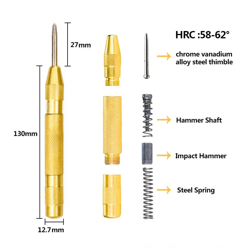 High-speed steel cone step drill bits and a centre punch laid out on a workbench.
