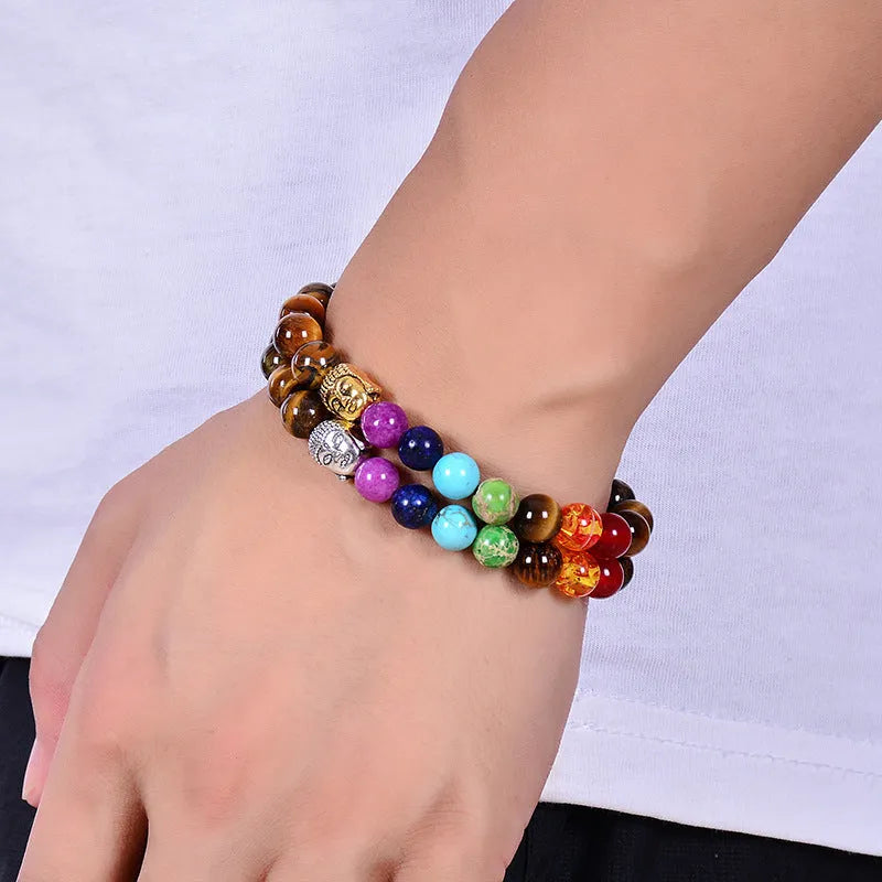 Seven chakra beaded bracelet with natural stone and tiger eye beads, adjustable rope, unisex design.