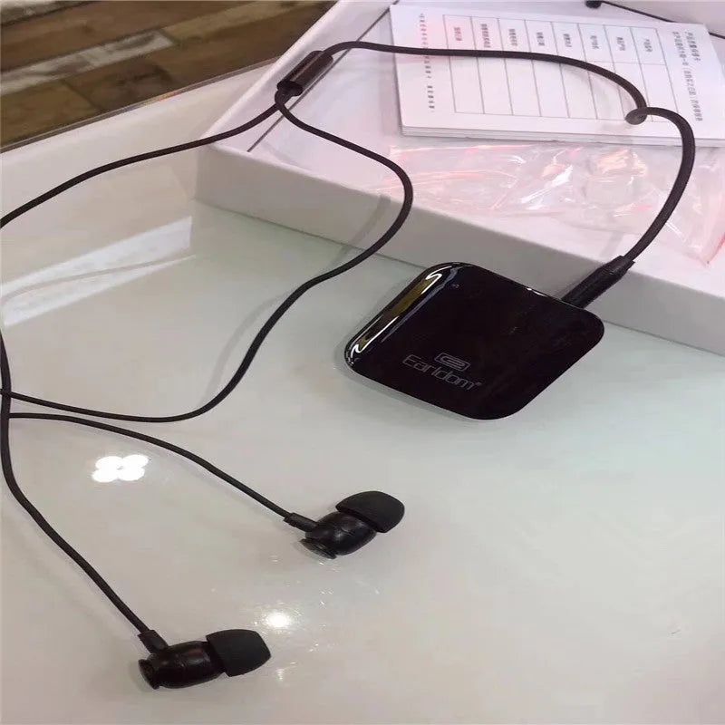 Bluetooth lavalier headset in black, grey, red, or white with 10-metre wireless range.
