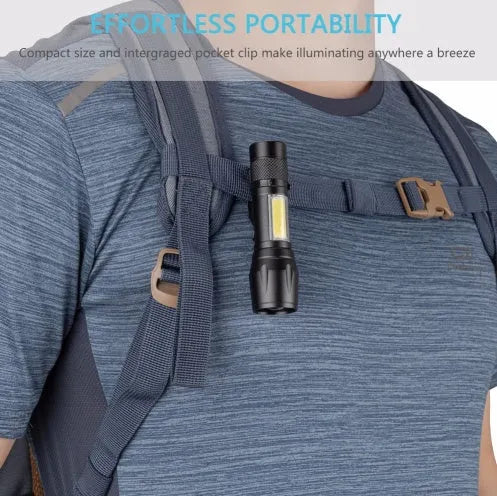 Black mini aluminium alloy telescopic LED torch with clip, shown zoomed in and out.