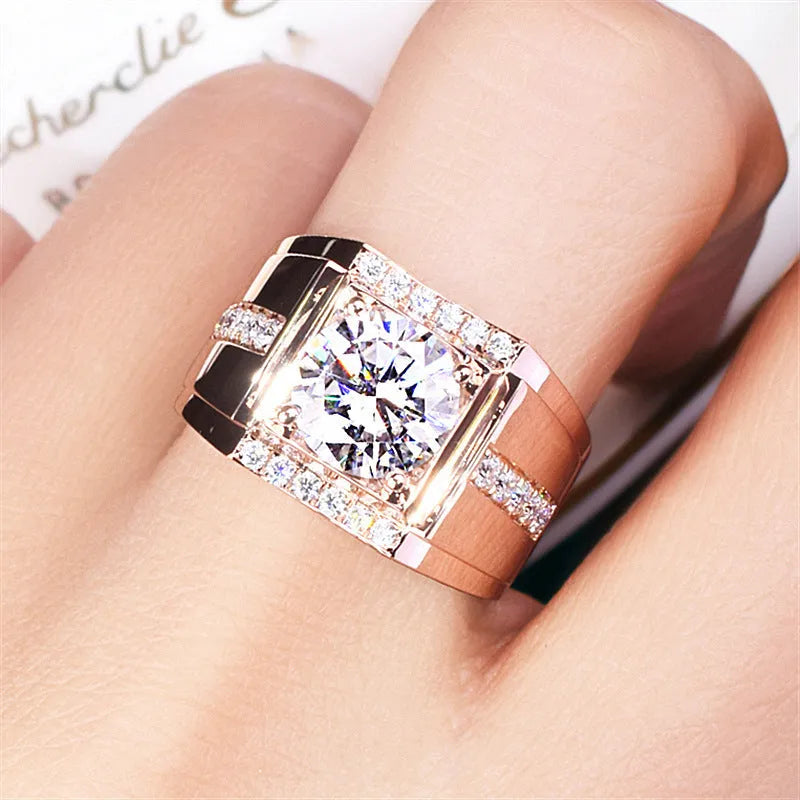 Men's geometric imitation moissanite ring with adjustable opening in rose gold finish