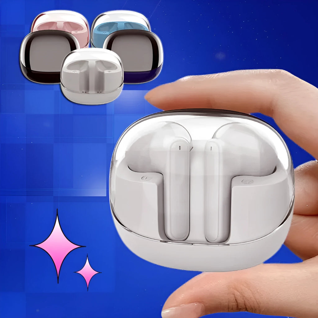 Bluetooth 5.3 transparent mini wireless earbuds with 9D stereo sound and ergonomic ear fit