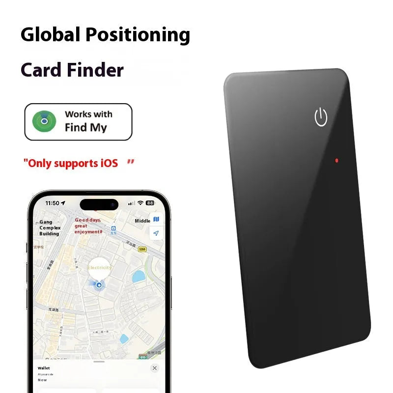 Black pet tracking card device with wireless charging NFC and hanging hole measuring 85mm