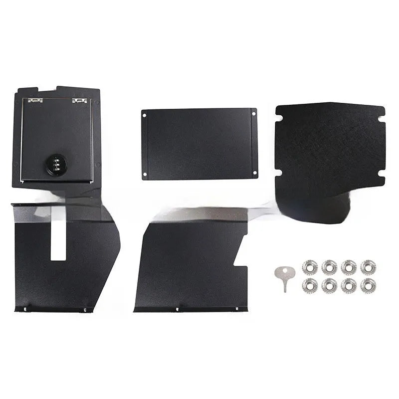 Black metal center console anti-theft box for armrest storage inside car, pressure resistant.