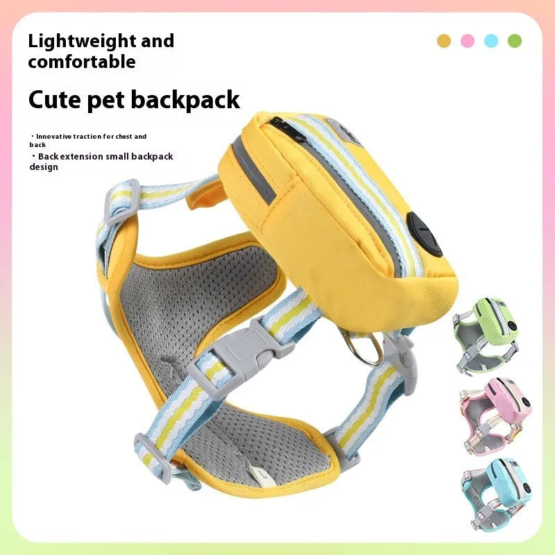 Explosion-proof anti-strangulation pet harness in Oxford cloth with attached traction rope.