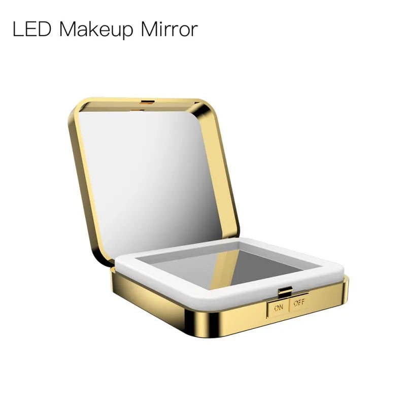 Black and white illuminated vanity mirror showing 4x magnification side and adjustable LED light settings.