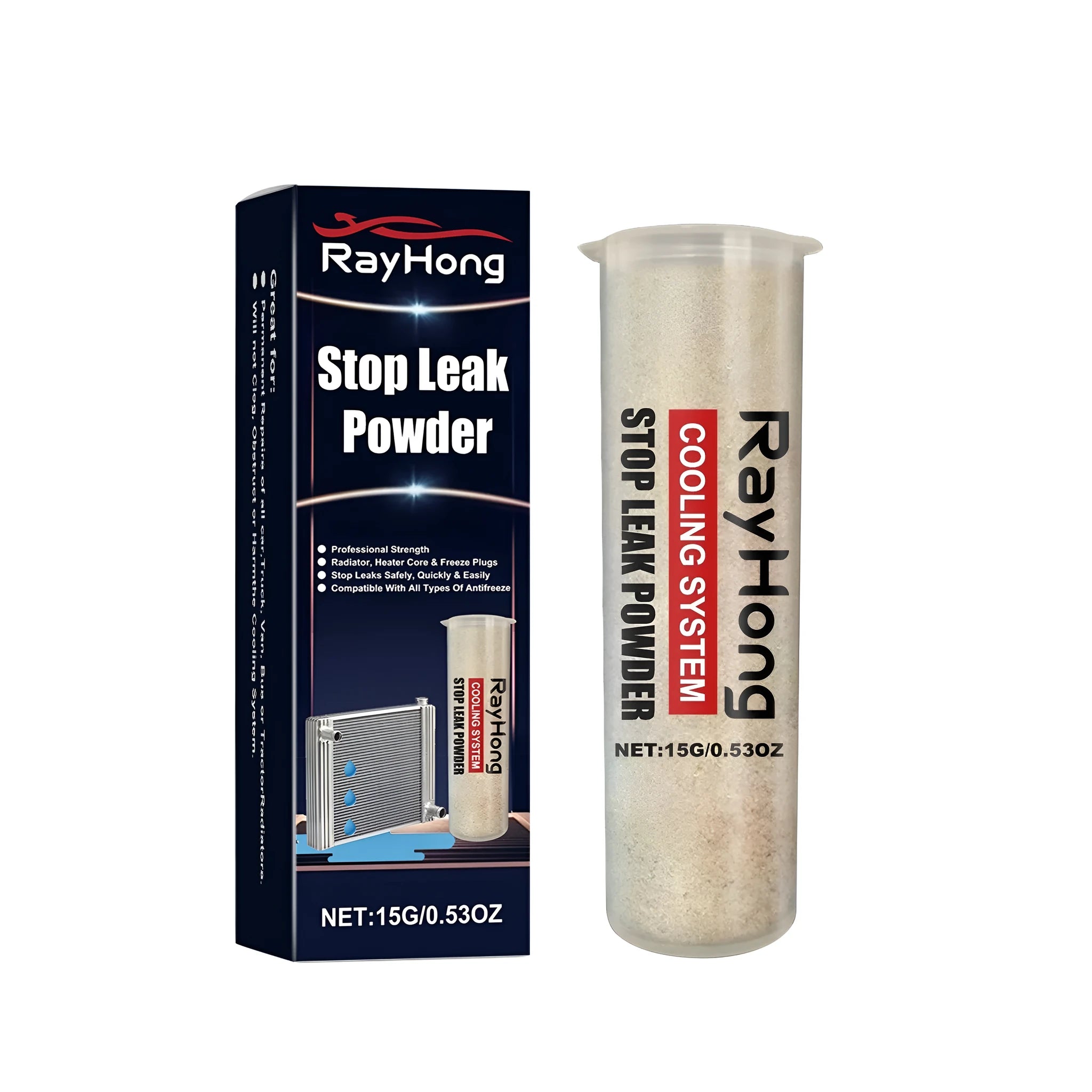 Stop leak powder in 2.5 x 8.8 cm plastic tube for automotive cooling system emergency repairs