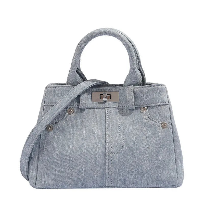 Women's denim blue PU shoulder handbag with polyester lining, standard size