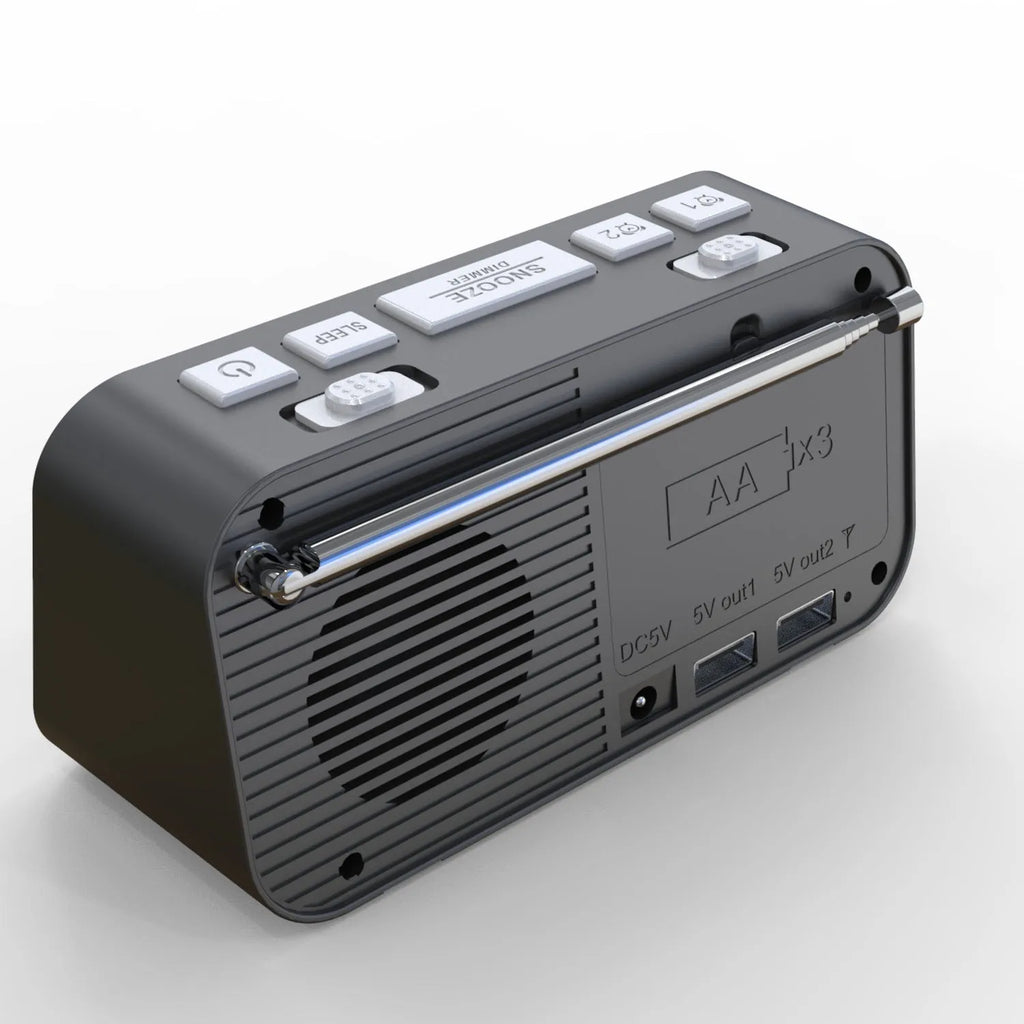 Black DAB bedside alarm clock with large LED display, upgraded pig tail antenna, and two USB ports on the side.