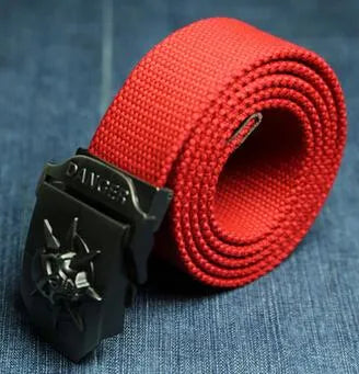 Men's canvas belt with metal skull buckle, available in multiple colours, 110x3.8cm