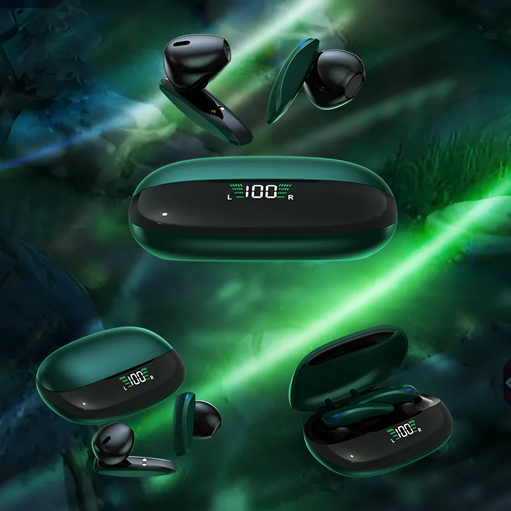 Y2 Green wireless Bluetooth gaming headset with low latency, stereo earplugs, and NFC
