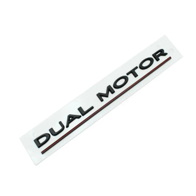 Tesla Model 3 dual motor performance bumper sticker in ABS plastic, showing matte black and red stripe option.