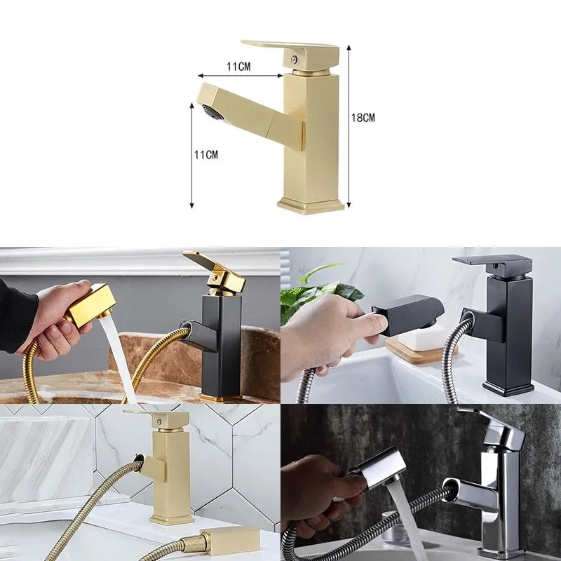 Nordic square pull brass faucet with brushed gold finish for sink installation