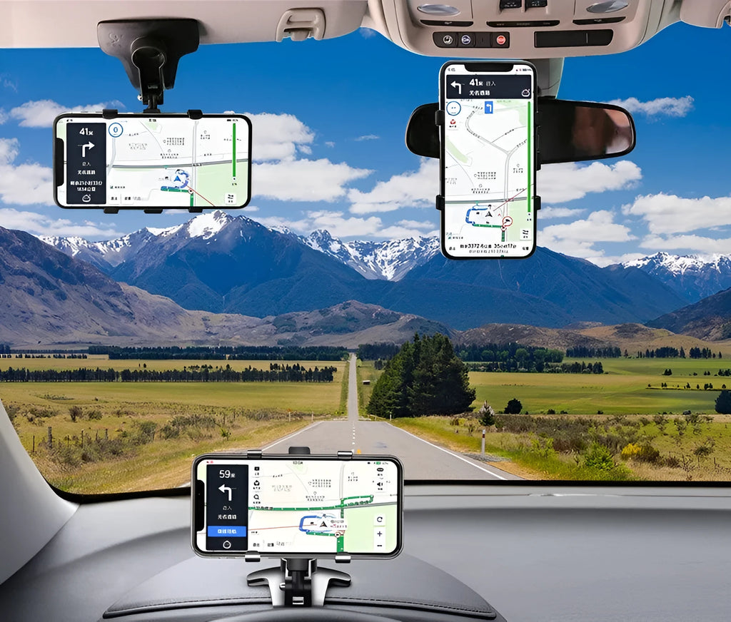 Car phone instrument panel bracket with 360 degree rotation and 4 chuck heads in black