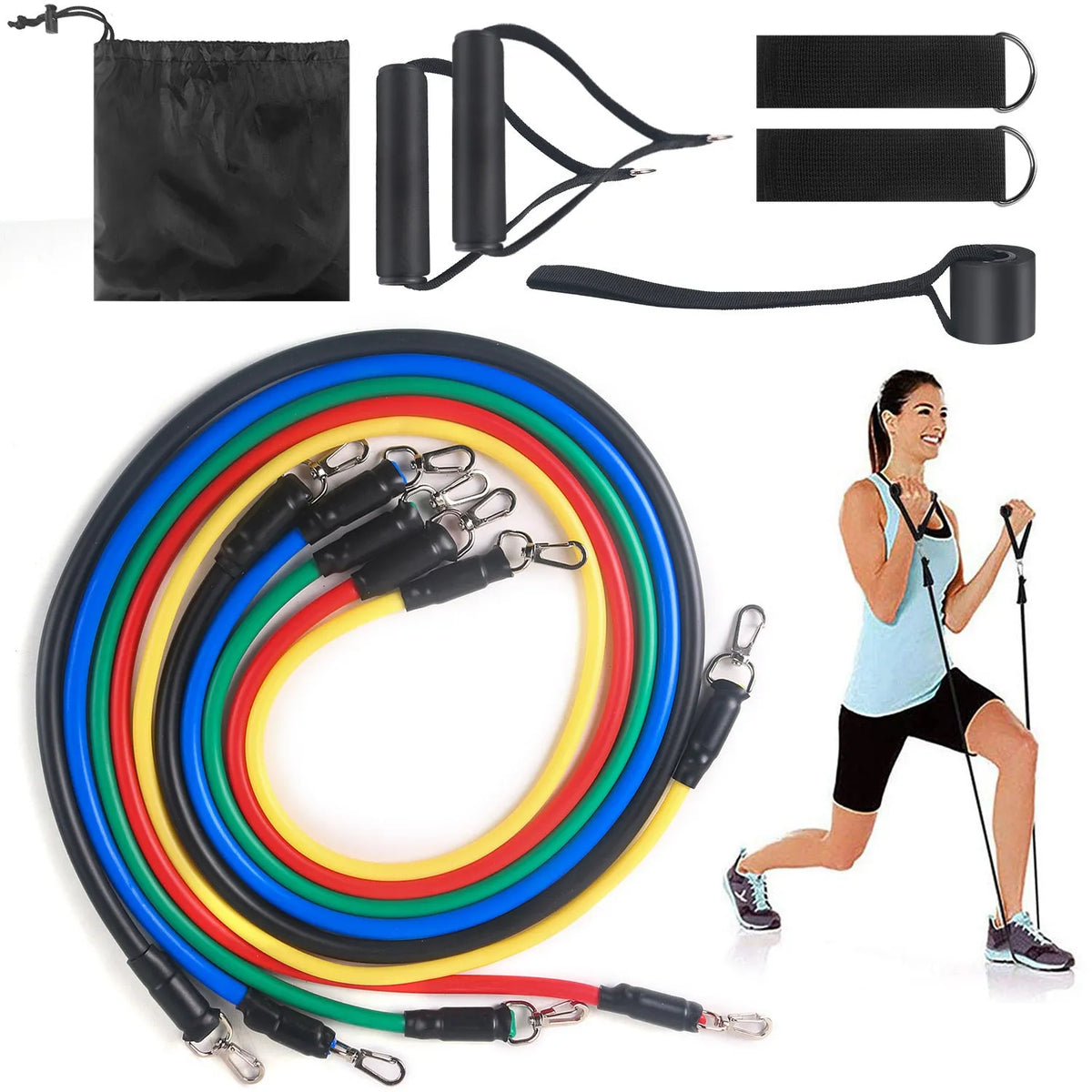 Fitness Rally 11-piece resistance band set for home gym and stretching, shown as an 11-piece kit.