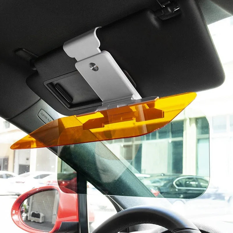 Car anti-glare sun visor with acrylic lens showing adjustable stretch, button, and spring installation options