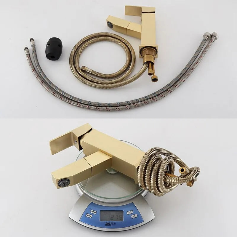 Nordic square pull brass faucet with brushed gold finish for sink installation