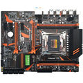 Black X99 chipset computer motherboard with LGA2011-3 socket, four DDR4 RAM slots, and two PCI-E x16 slots.