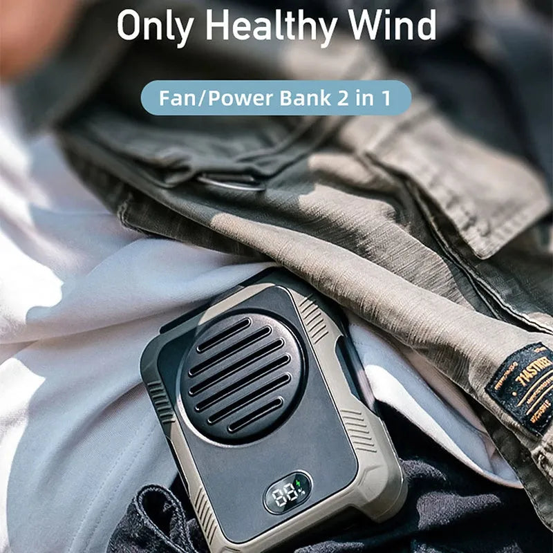 Green leafless hanging neck fan with USB charging port, shown for outdoor use.