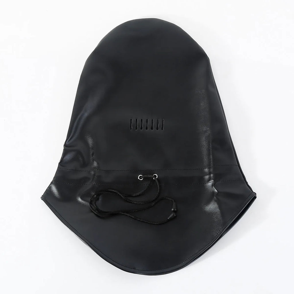 Black leather adult role-play mask with breathable design for training scenarios