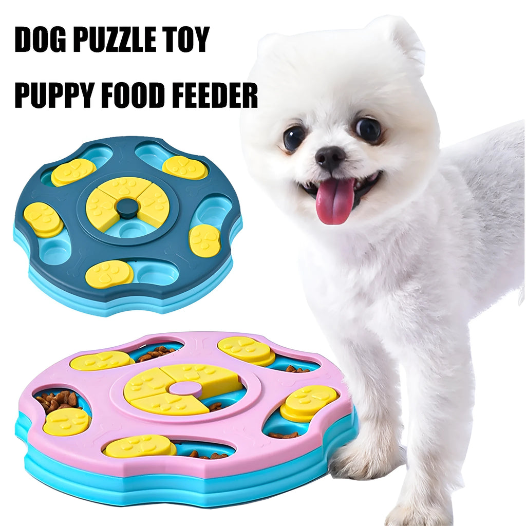 Blue interactive dog puzzle feeder toy with food compartments for mental stimulation during mealtimes