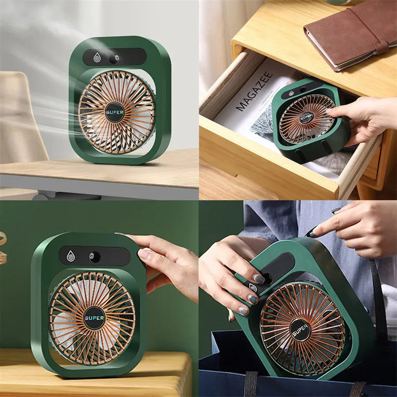 Green and white USB portable misting fan with humidifier function on desk