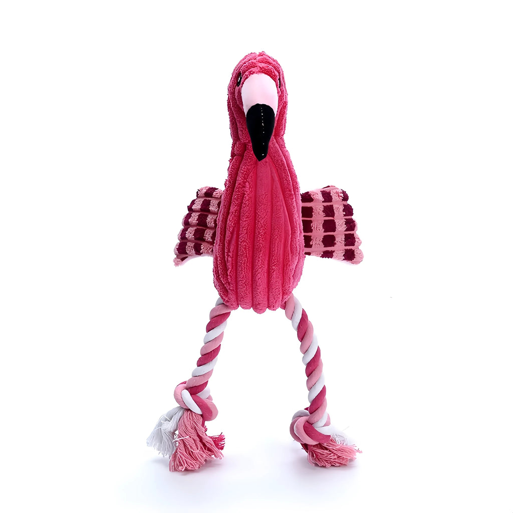 Pink corduroy animal-shaped dog toy with internal squeaker for bite-resistant play.