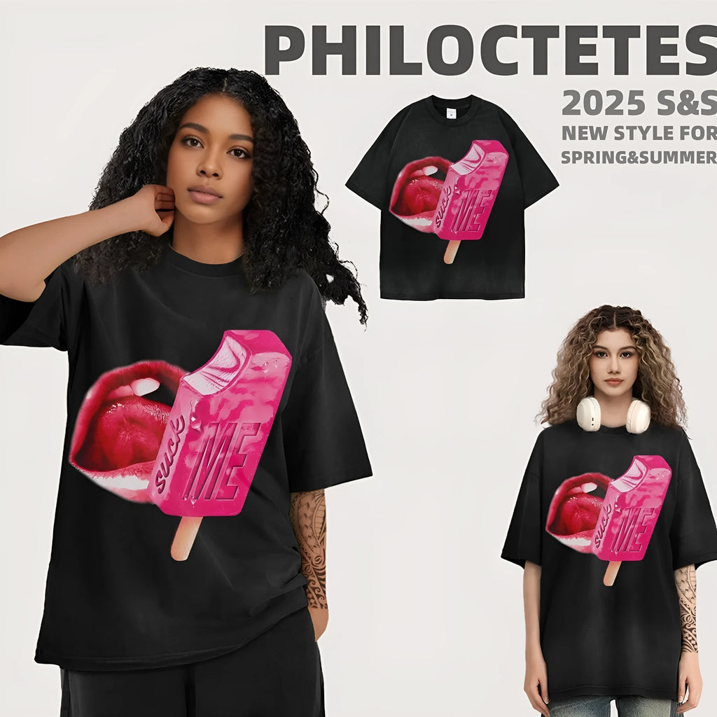Heavy washed cotton loose fit short sleeve t-shirt with cartoon graphic print on front.