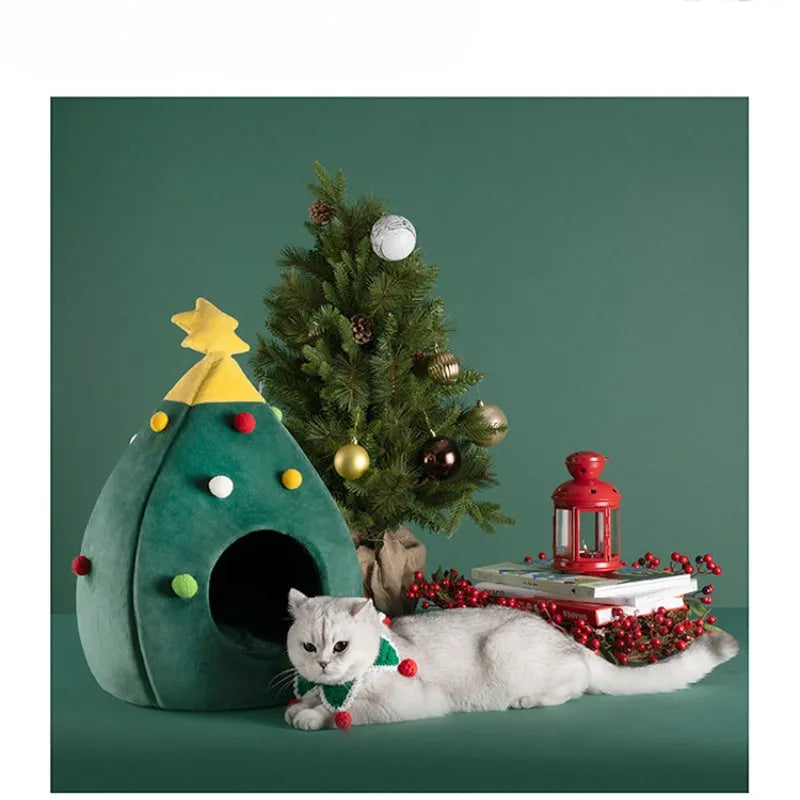 Christmas tree-shaped plush cave pet bed for cats and small dogs in three sizes.