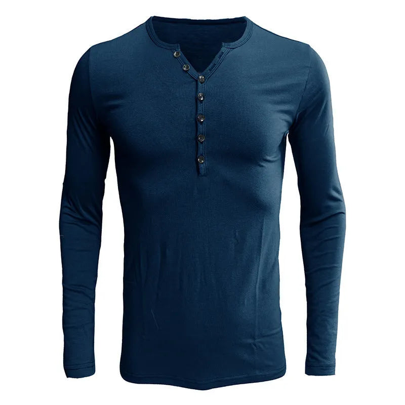 Men's solid colour long sleeve cotton blend Henry shirt on a hanger