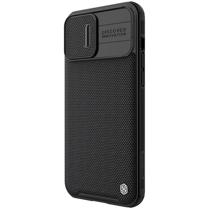 Black textured back cover protective phone case for Apple iPhone 13 Pro Max on a table.
