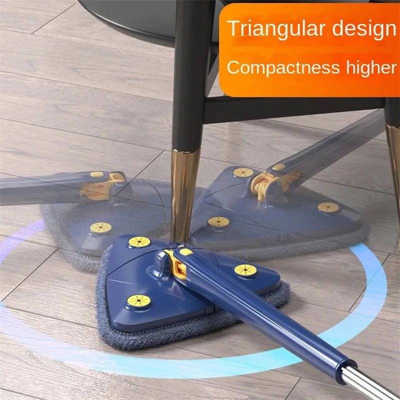 Blue triangle cleaning mop with 360° rotating head and extendable stainless steel pole