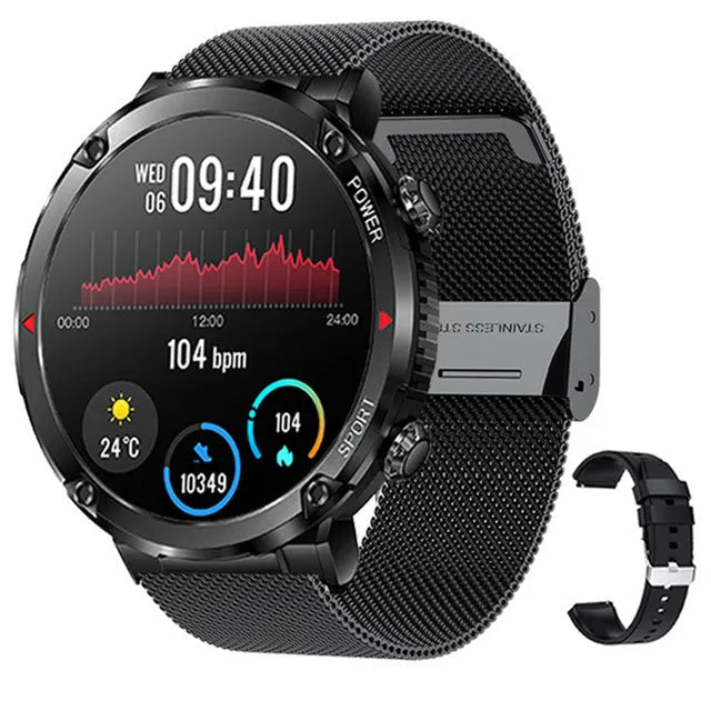 T30 Smart Watch with black silicone strap showing Bluetooth calling and health metrics on IPS screen.