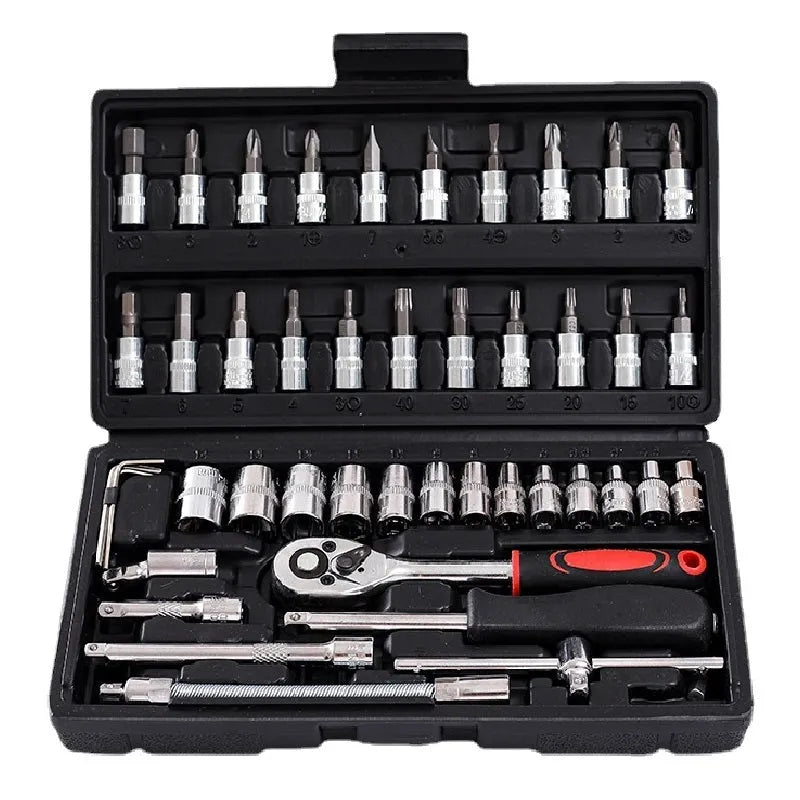 Cr-V chromium vanadium steel socket ratchet wrench set for DIY and auto repair.