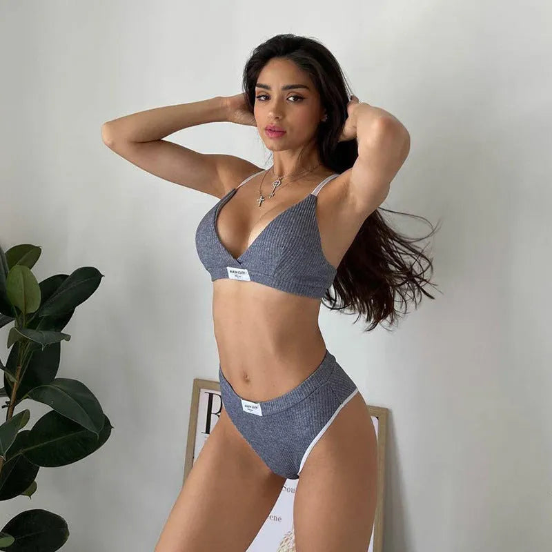 Women's grey embroidery contrast colour binding letters bikini set with sleeveless top and shorts