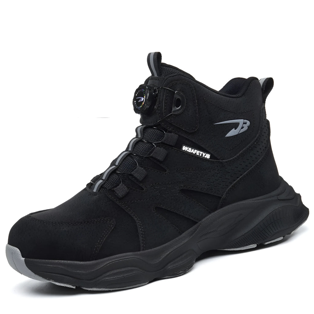 Black JK7926 high top steel toe labour insurance shoes with anti-skid rubber sole and button lacing closure