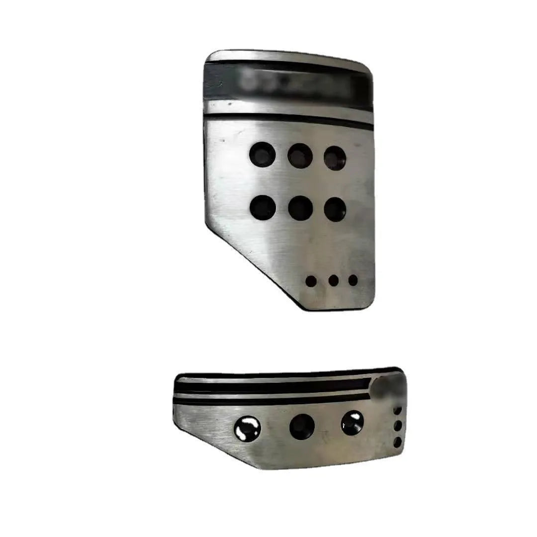 Set of three aluminium alloy car pedals for brake, accelerator, and clutch with screws and nuts.