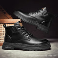 Men's retro Martin boots with chunky sole, front lace-up, round toe, in black, side view